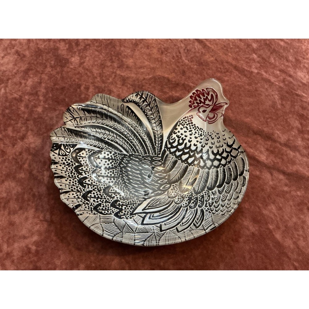 Vintage Glass Rooster Bowl Black White Red Patterned Hen Figurine Dish 9.5"